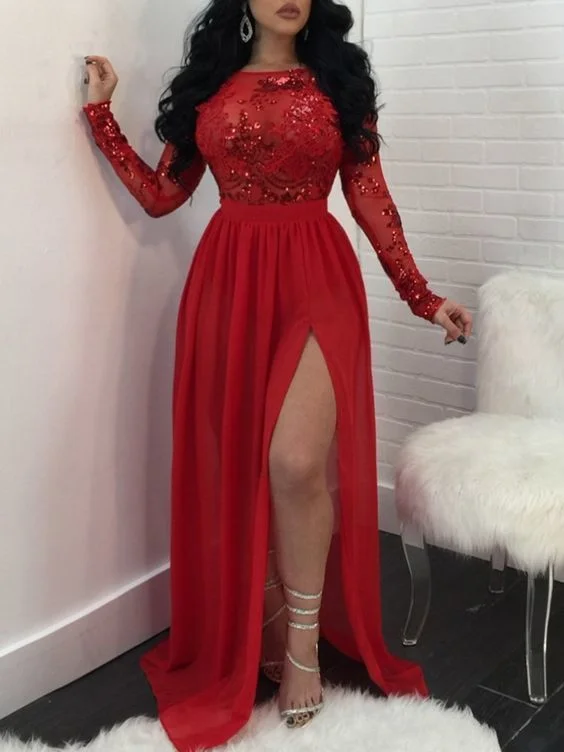 Women's Casual Wear Outfit Unbeatable Prices Sexy Long Sleeve Evening Dress, A Line Long Prom Dress, Split Slit Appliques Evening Gown cg2928