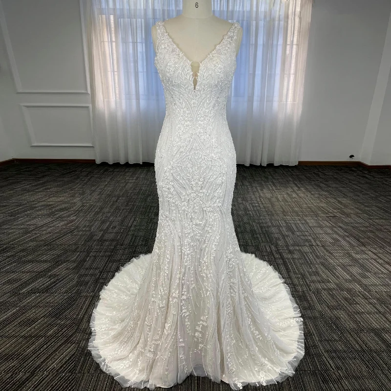 Women's Clothing For Outdoor Activities Limited Quantities Deep V-Neck Glitter Lace Mermaid Wedding Dresses with Open Back