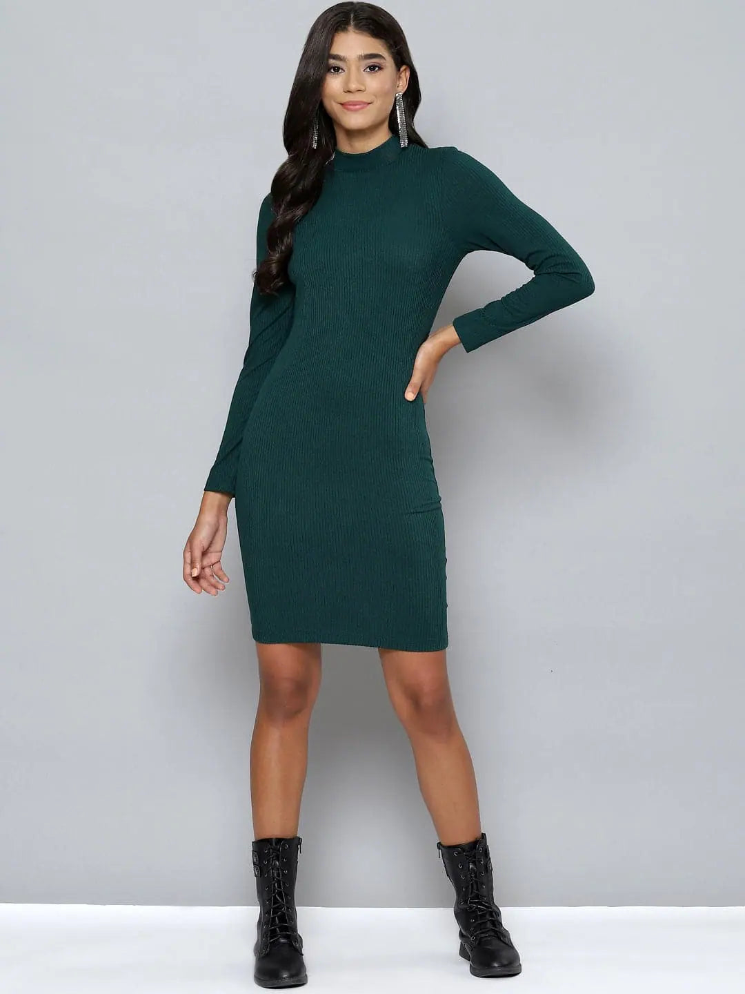 Fashion-Forward Women's Clothing Summer Essentials Women Emerald Rib High Neck Short Bodycon Dress