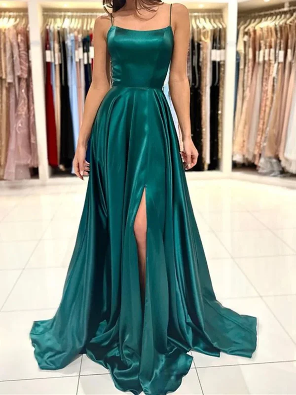 Women's Vintage-Inspired Clothing Style Upgrade Simple Backless Dark Green Satin Long Prom Dresses with High Slit, Dark Green Formal Graduation Evening Dresses SP2545