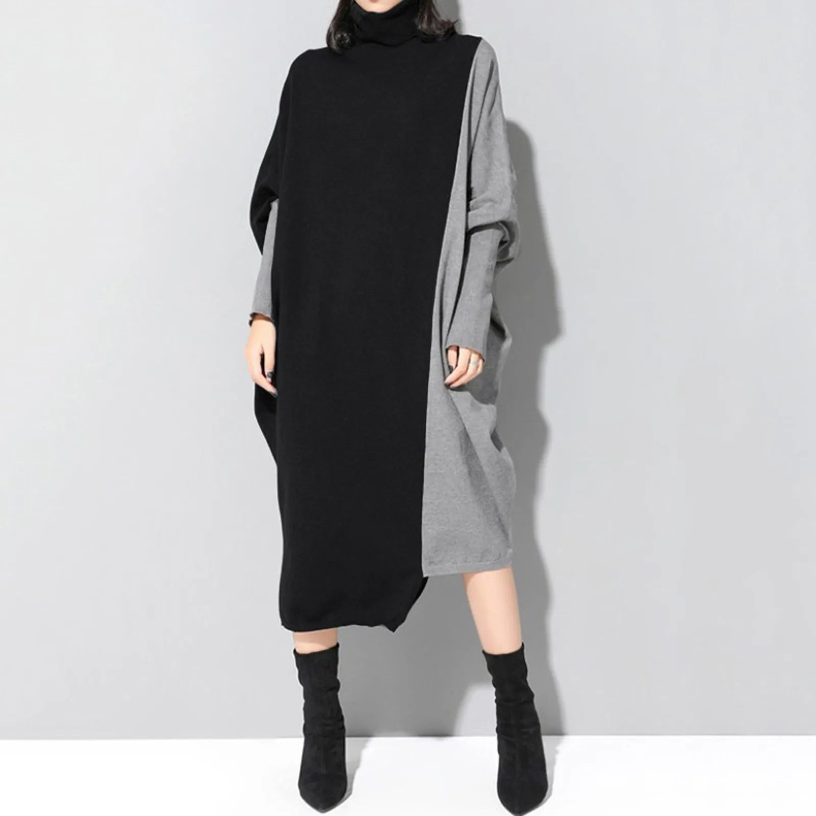 Timeless Women's Clothing Update With Cottagecore Styles JuliaFashion - Korean Style Spliced Knitted Midi Autumn Fashion Turtleneck Long Sleeve Oversized All-Match Elegant Female Dress