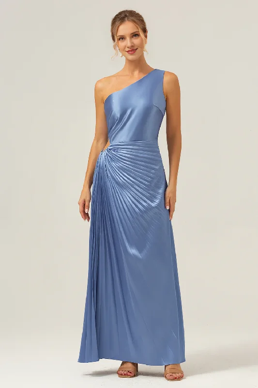 Women's Functional Outfit For Outdoor Activities Trend Alert Tight shoulder pleated keyhole satin long blue bridesmaid dress