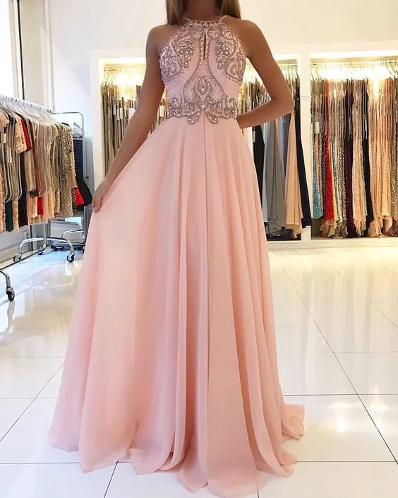 Women's Everyday Garments Evening Looks Blush Pink Halter Chiffon Open Back Long Prom Dress,Formal Gown With Beaded Top cg454