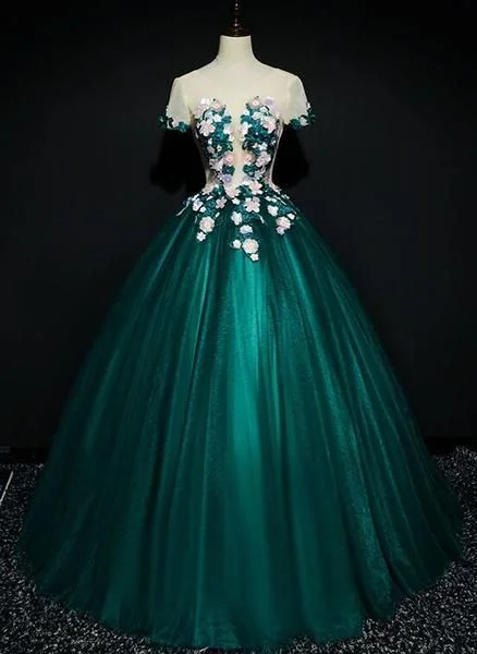 Women's Work Outfit Fashion-Forward Dark Green Tulle Round Neckline Ball Gown Formal Dress Prom Dress    cg15020