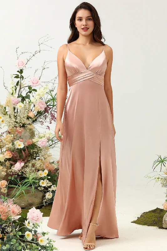 Women's Comfy Attire For Lounging Great Prices On Feminine Styles Powder blusher A-line thin shoulder belt bright slit satin bridesmaid dress