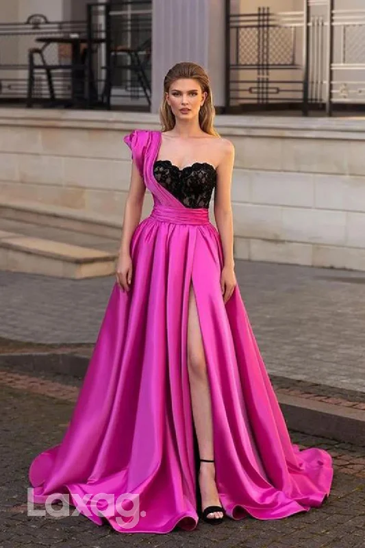 Women's Professional Clothes Fashion Deal 22166 - One Shoulder Appliques illusion Sleek Satin High Slit Party Prom Formal Evening Dress