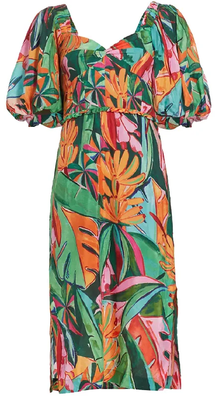 Women's Vintage Garments Save On Inspired Styles FARM Rio Women's Banana Foliage Multicolor Puffed Sleeve Midi Dress