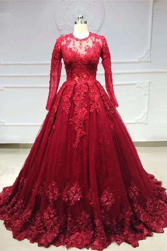 Vintage-Inspired Garments Chic Styles Burgundy Tulle Lace Long Sleeve Princess Ball Gown, Formal Prom Dress   cg14269