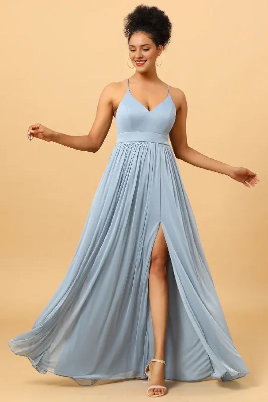 Stylish And Comfortable Clothing For Women Summer Splash Sale Grey blue pleated chiffon slit bridesmaid dress