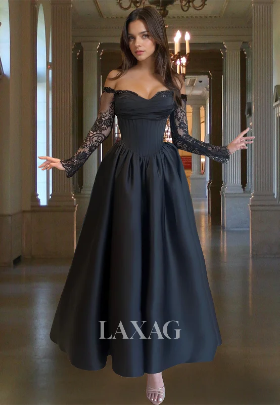 Plus-Size Women's Clothing Limited Quantities A-Line Sweetheart Lace Long-Sleeves Prom Dress Off-Shoulder Pleated Beaded Satin Midi Evening Gowns