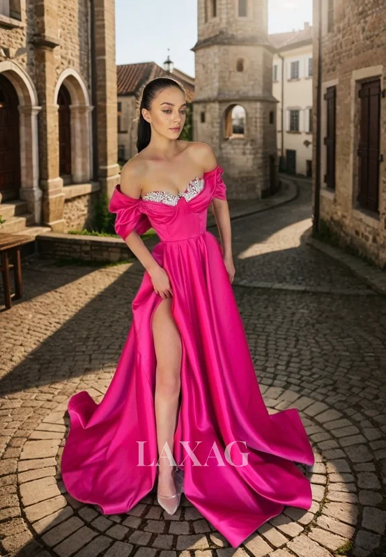 Women's Fashion-Forward Apparel Cool Prices 21915 - A Line Off Shoulder Satin Beads Pink Long Formal Prom Dress with Slit