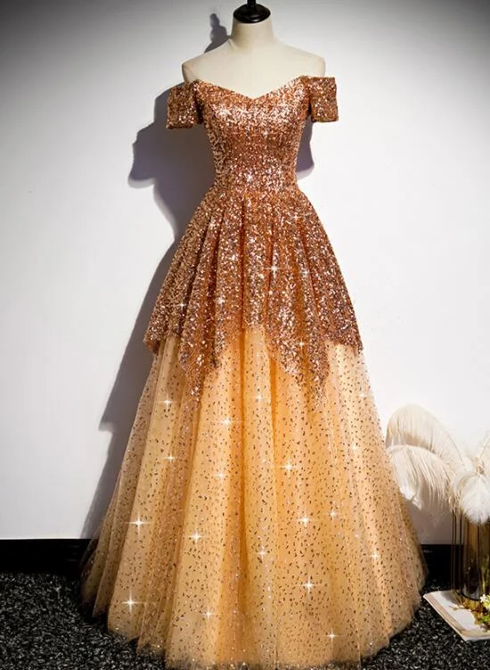 Women's Travel Attire Lighten Up With Nordic Styles Gorgeous Gold Sequins Long Formal Gown, A-Line Golden Tulle Prom Dress   cg14564