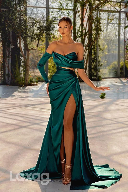 Comfortable Women's Clothing Clearance Event 22172 - Off Shoulder V-Neck Draped Sleek Satin High Slit Party Prom Formal Evening Dress