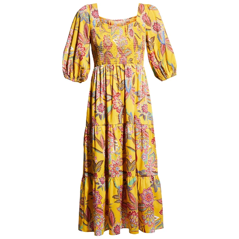 Women's Plus-Size Clothes Spring Fashion Johnny Was Women's Mladen Smocked Yellow Floral Midi Sundress