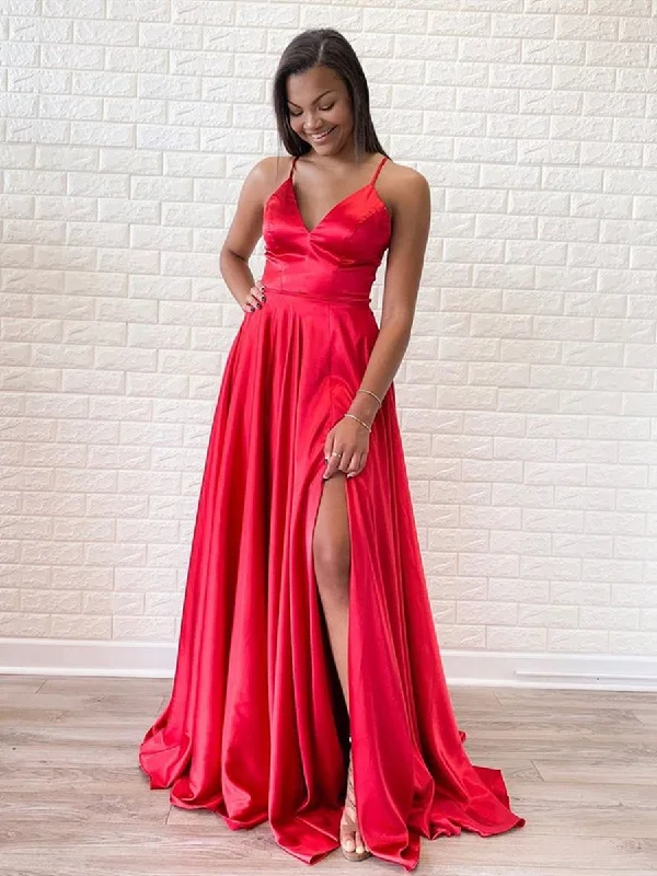 Women's Seasonal Wardrobe Clothing Special Occasion Wear Simple A Line V Neck Red Satin Long Prom Dresses with Slit, V Neck Red Formal Dresses, Red Evening Dresses