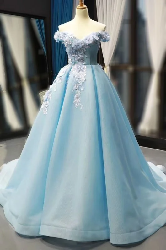 Women's Tops And Clothing Mid - Week Surprise Light Blue Ball Gown with 3D Flowers Prom Dress   cg15322