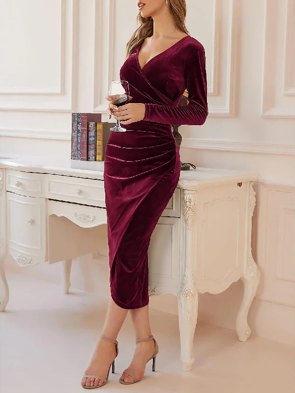 Women's Clothing For Outdoor Events Trend Alert Solid Color Velvet Ruched Cocktail Midi Bodycon Dress