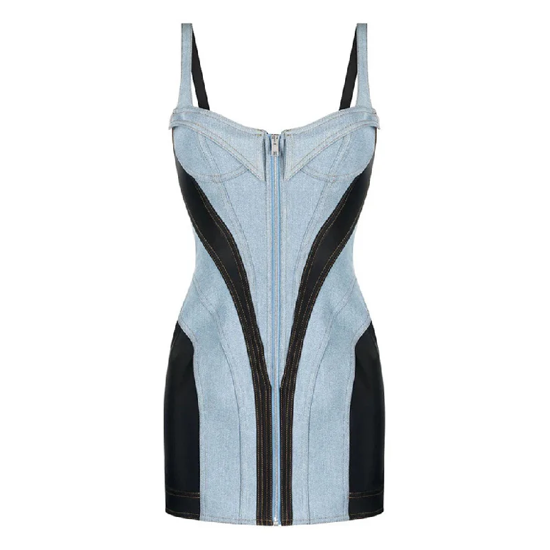 Women's Everyday Clothes Fashion Sale Contrast Blue & Black Bustier Front Zip Bodycon Hybrid Denim Mini Sundress