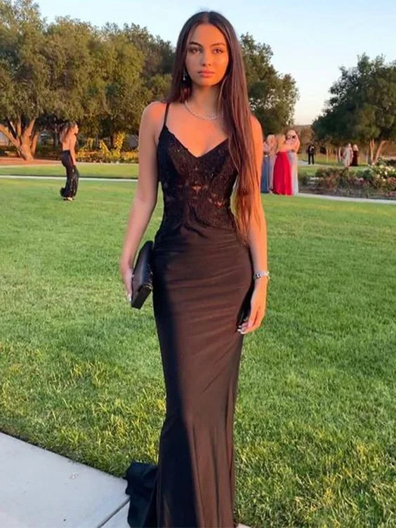 Women's Comfortable Lounge Outfit Spring Fashion Bodycon stretch woven satin applique v neck sleeveless long black ball gown evening dress gh3000