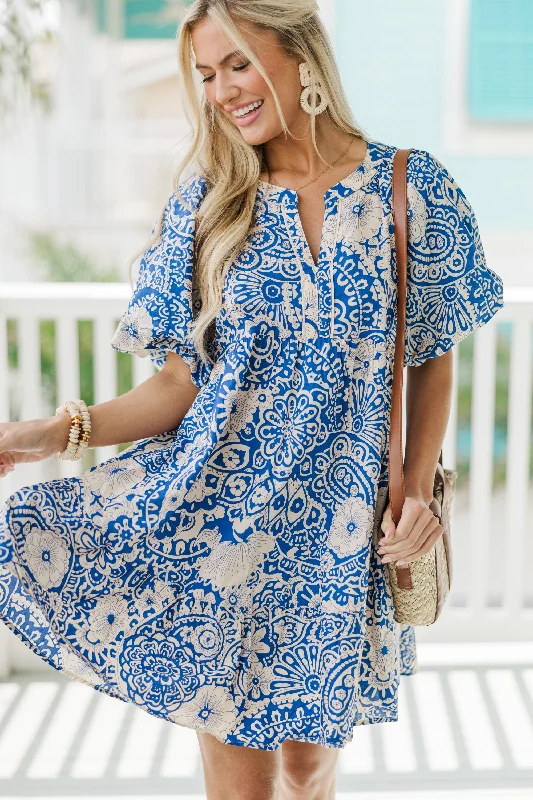 Women's Luxury Apparel Score Big On Glamorous Red - Carpet Styles There You Go Blue Floral Bubble Sleeve Dress