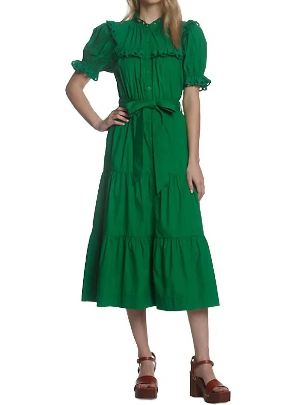 Charming Women's Holiday Apparel Great Prices On Feminine Styles Eyelet Trim Midi Dress In Kelly Green