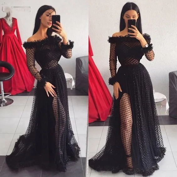 Women's Vintage-Inspired Clothing Wardrobe Essentials Black Dot Tulle Long Sleeve Prom Gown Formal    cg12701