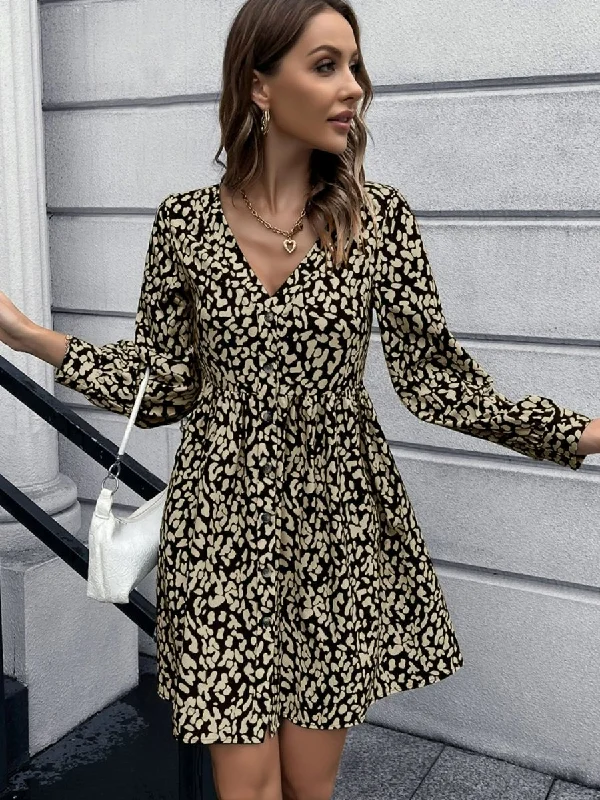 Women's Floral Print Outfit Wardrobe Upgrade Animal Print Buttoned V-Neck Long Sleeve Dress