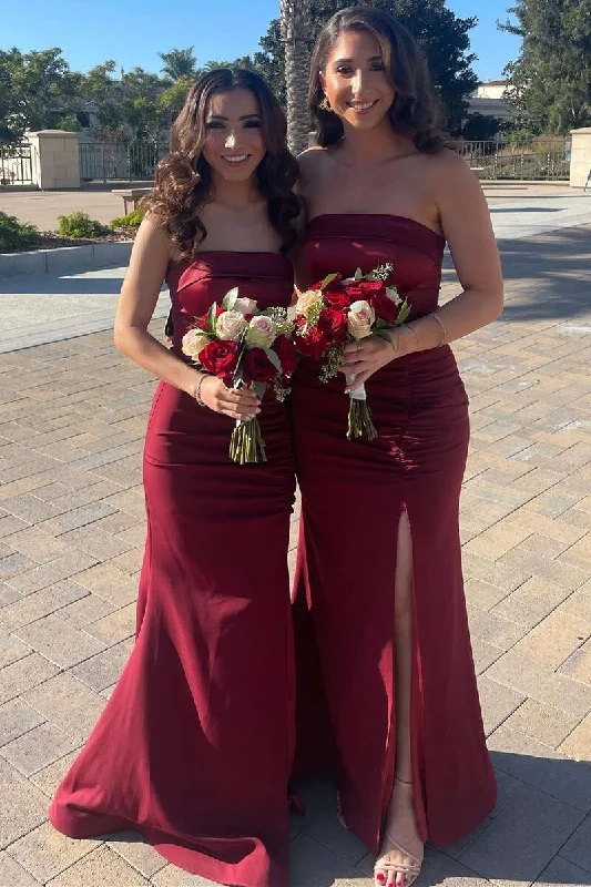 Women's Clothes And Apparel Sets Spring Fashion Burgundy Satin Strapless Long Bridesmaid Dress with Slit