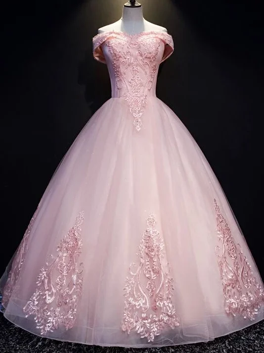 Women's Vintage Clothes Season Sale Pink Ball Gown Long Tulle Party Dress, Off Shoulder Prom Dress   cg13082