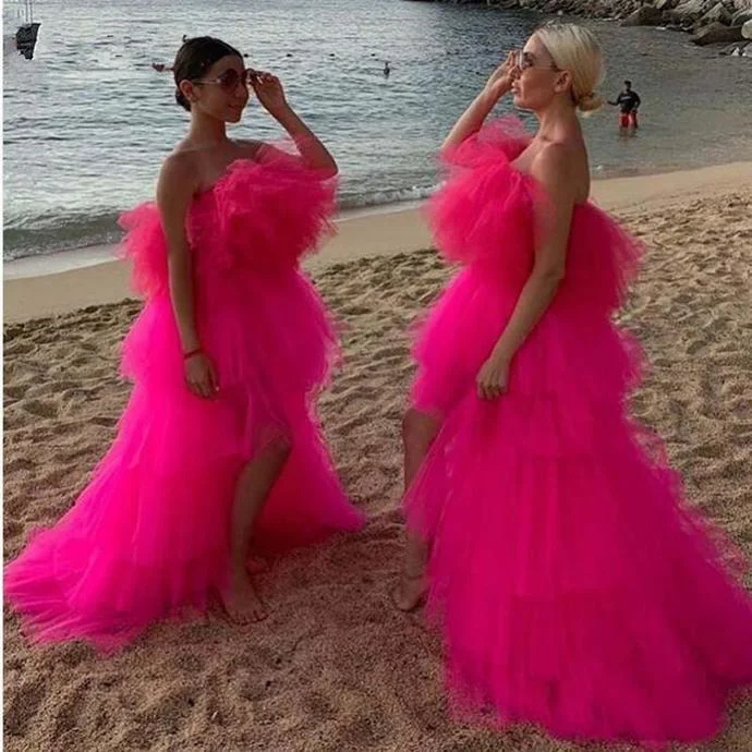 Women's High-Fashion Apparel Clearance Event Chic 2020 Hot Pink Very Puffy Tutu Prom Dresses High Low Ruffles Tiered Long Prom Gowns African Party Dresses   cg13491