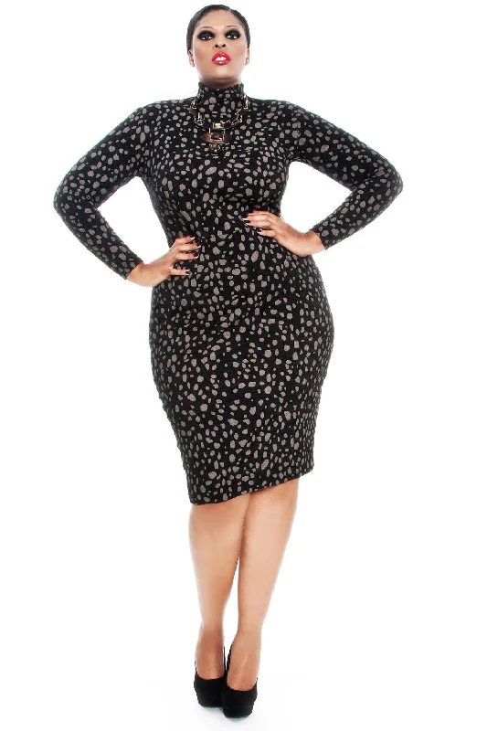 Women's Stylish Vacation Attire End Of Season Sale Long Sleeved Dotted Mock Neck Pencil Dress- JIBRI