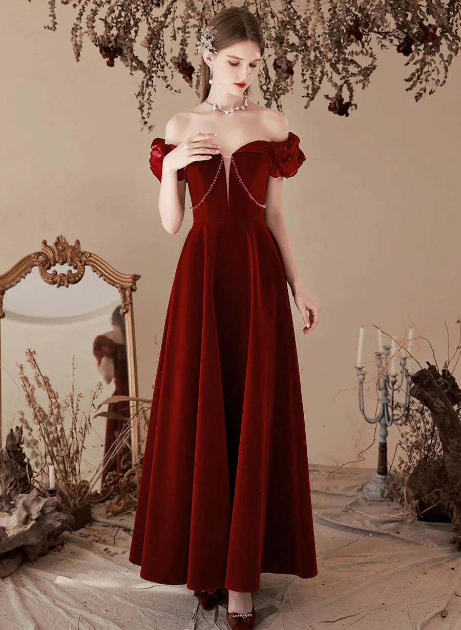 Women's Office Outfit Score Big On Glamorous Red - Carpet Styles Wine Red Velvet Beaded Off Shoulder Sweetheart Prom Dress, Wine Red Bridesmaid Dress