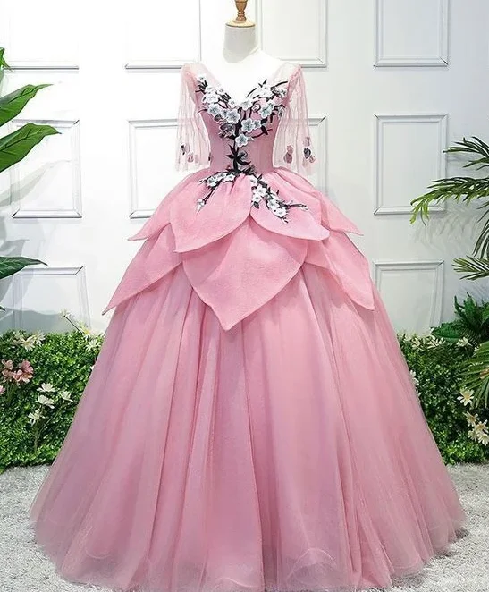 Women's High-End Clothing Best-Sellers Pink Tulle Ball Gown Lace Sweet 16 Dress, Pink Quinceanera prom Gown With Flowers   cg12714