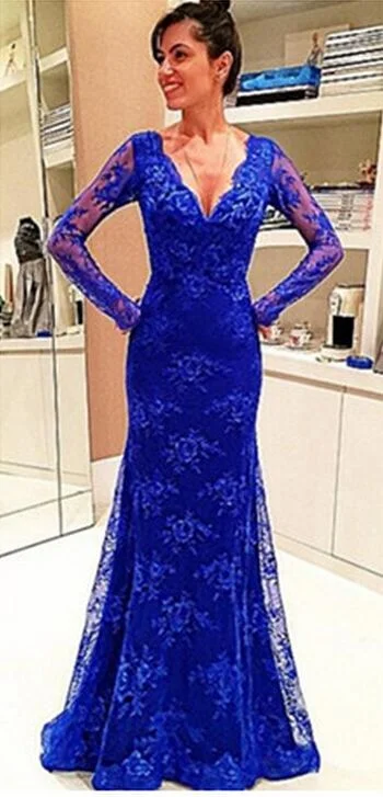 Luxury Women's Clothes Stylish Spring Fashion Evening Dress, Royal Blue Evening Dress, Lace Evening Dress, V-Neck Evening Gown Prom Dress    cg12867