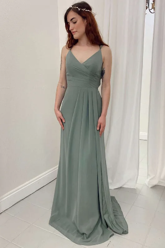 Women's Stylish Casual Garments Father'S Day Deals Dark Sage Green V-Neck A-Line Long Bridesmaid Dress