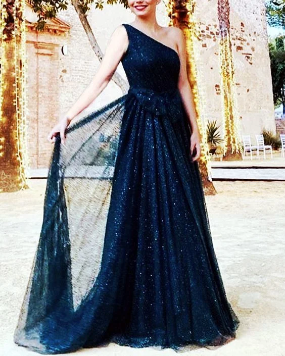 Women's Casual Wear Clothing Save Big Navy blue glitter tulle prom dresses one shoulder floor length evening gown with sparkles    cg15424