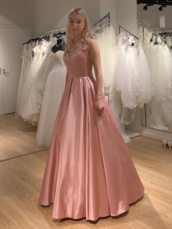 Luxury Women's Clothing Anniversary Sale Princess V Neck Satin Long Pink Prom Dresses with Cross Back, V Neck Pink Formal Graduation Evening Dresses