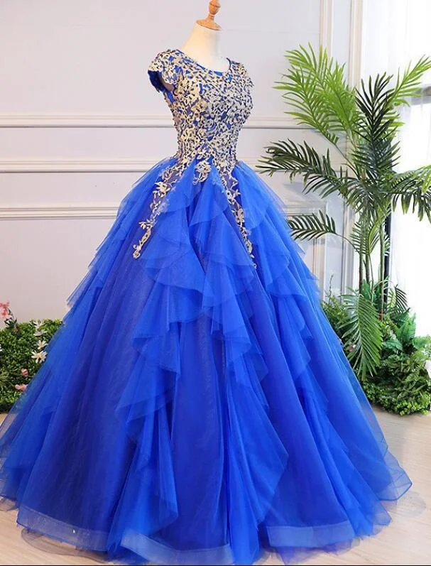 Women's Seasonal Wardrobe Clothing Spring Fling Sale Royal Blue Cap Sleeves Long Ball Gown Party Dress, Blue Prom Dress 2021   cg15302