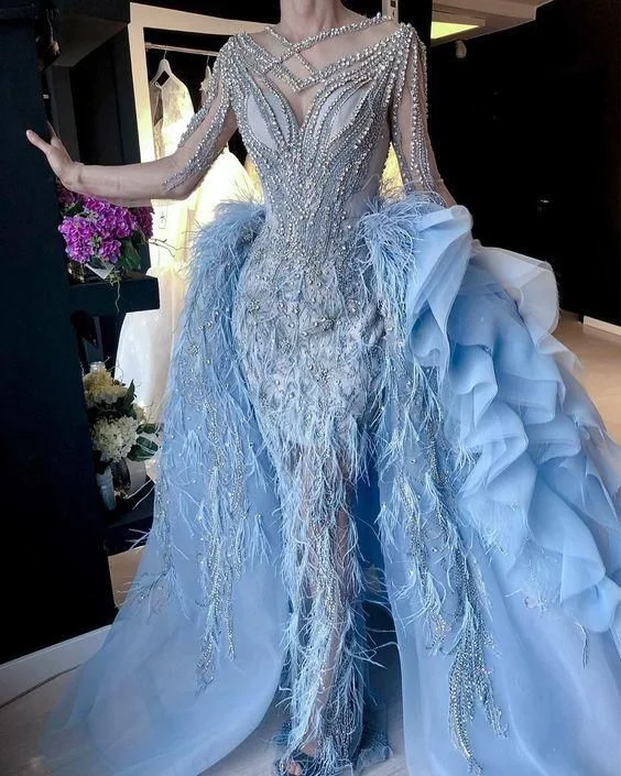 Women's Workout Clothing Fashion Sale luxury blue prom dresses with detachable skirt beaded crystal feather long sleeve elegant prom gown    cg15393