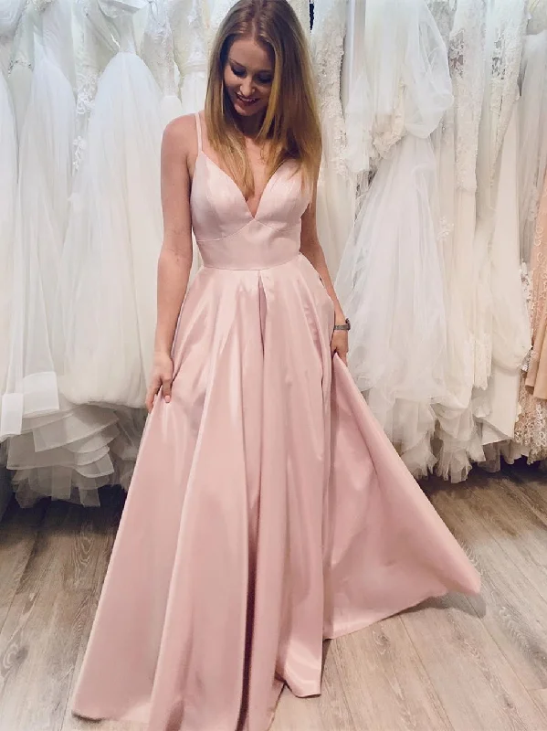 Women's Tops And Clothing Wardrobe Essentials Simple V Neck Pink Satin Long Prom Dresses, V Neck Pink Formal Graduation Evening Dresses, Pink Party Dresses