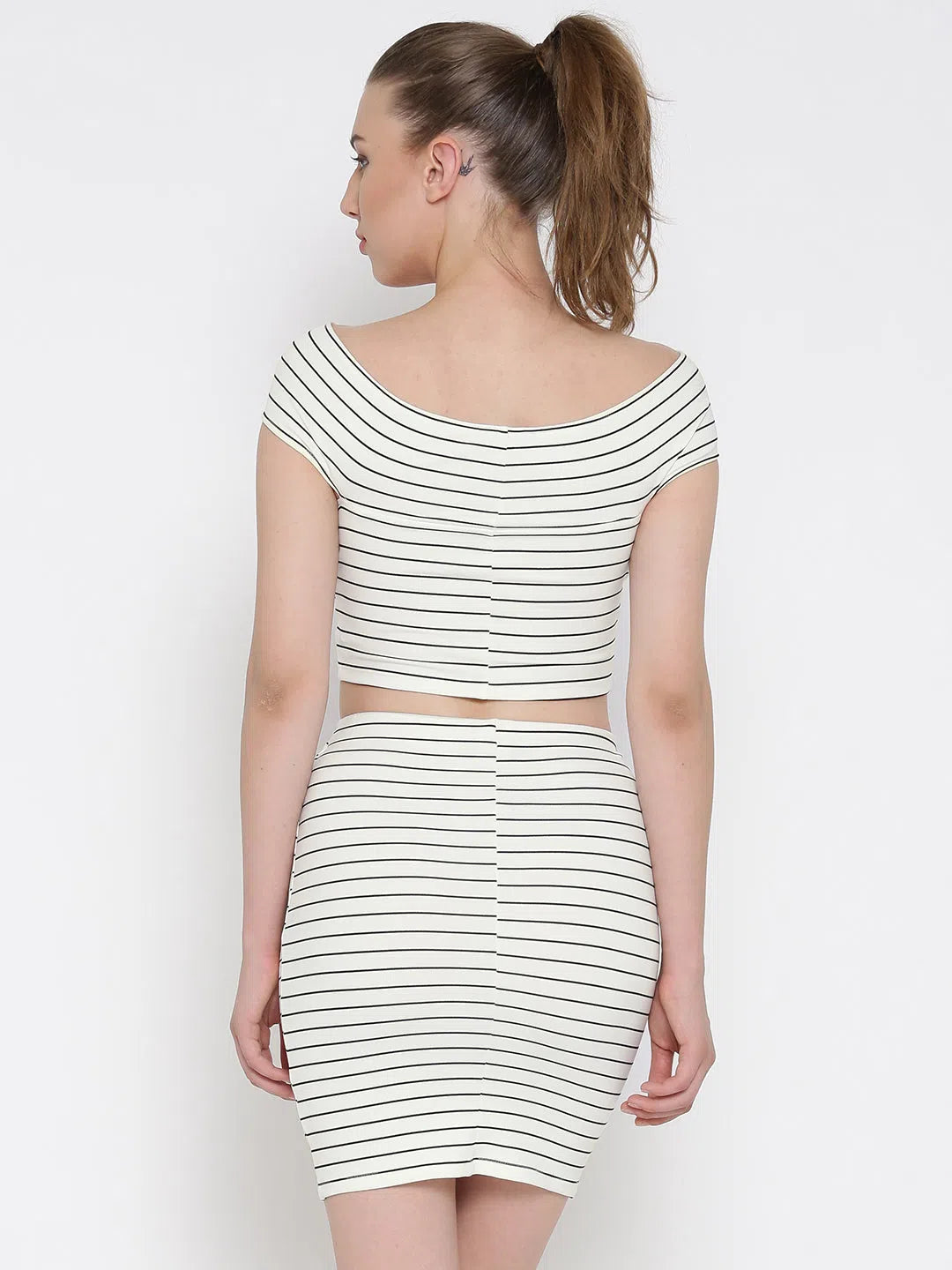 Women's Weekend Outfit Evening Elegance White Striped Bandage Bardot Bodycon Co-Ordinate Dress