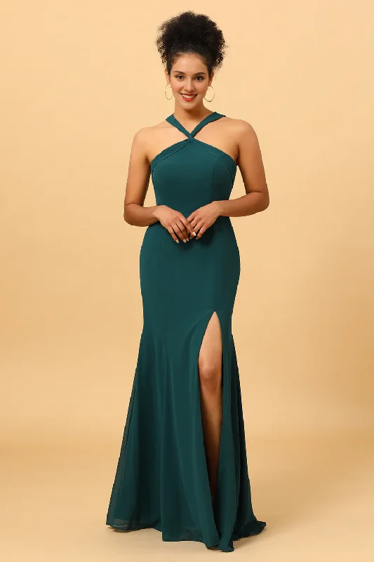 Women's Trendy Outfit Save On Inspired Styles Pine mermaid hanging neck long chiffon slit bridesmaid dress