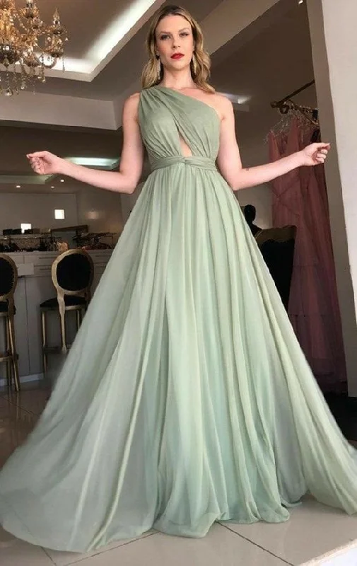 Women's Holiday Clothing Spring Fashion One Shoulder Tulle Bridesmaid Dress Green Formal Dress With Slit gh2754