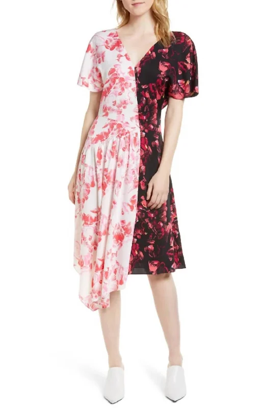 Women's Athletic Garments Chic Outfits Silk Blend Floral Print Stretch Double Contrast Midi Dress In Multicolor