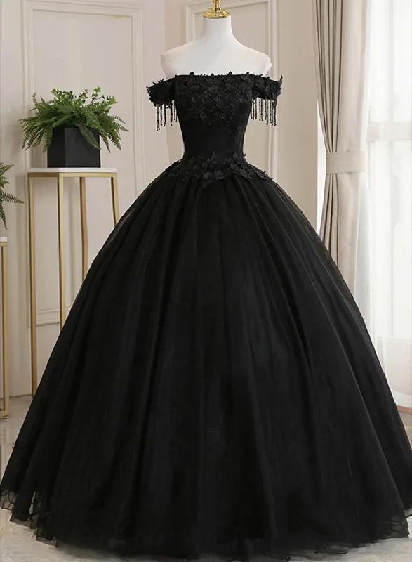 Women's High-Fashion Outfit Cool Prices Black Off Shoulder Tulle Ball Gown With Lace Sweet 16 Dress, Black Long Evening Dress Y1143