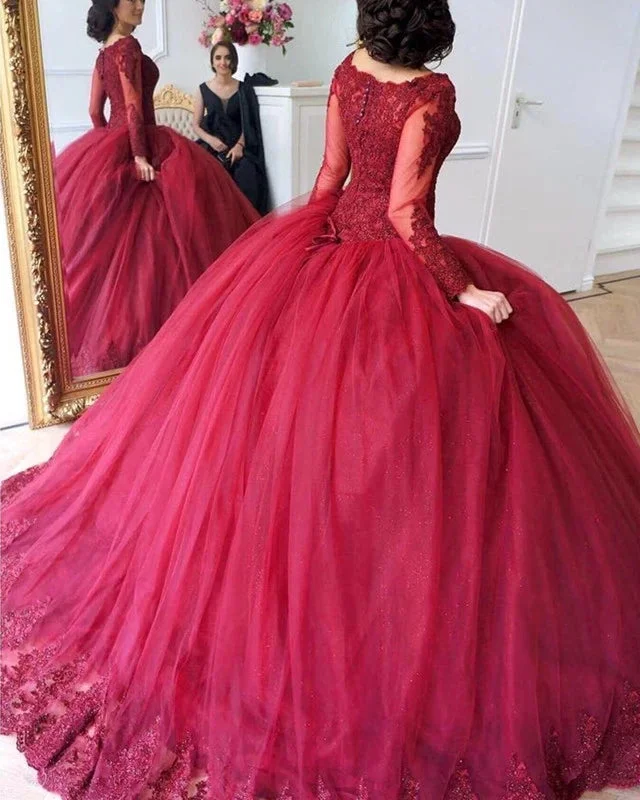 Plus-Size Women's Garments Save Big Long Sleeves Ball Gowns Wedding Dresses Lace Maroon Quinceanera Dresses