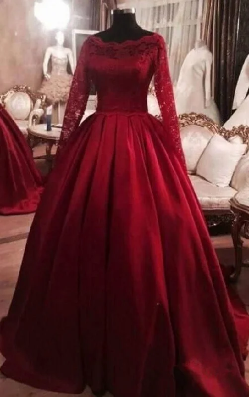 Comfortable Women's Clothes Unbeatable Prices Wine red princess ball prom gown, lace long sleeves, evening dress    cg13299