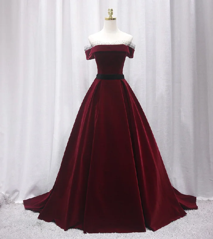 Women's Formal Event Outfit Cool Prices BURGUNDY VELVET LONG PROM GOWN FORMAL DRESS    cg12210