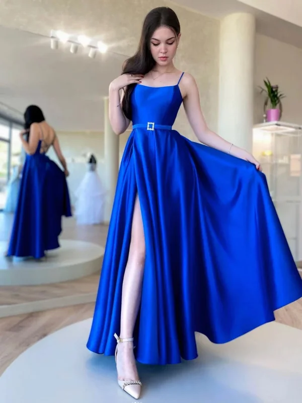 Women's Seasonal Clothing Mother'S Day Special Simple Backless Royal Blue Satin Long Prom Dresses with High Slit, Royal Blue Formal Graduation Evening Dresses SP2502