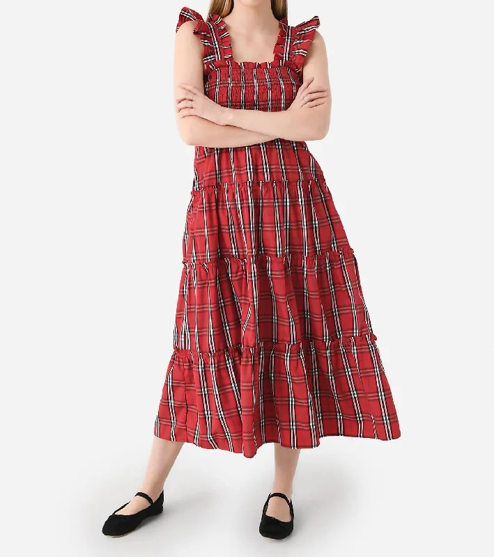 Sustainable Women's Apparel Limited Styles Rayna Ruffle Strap Midi Dress In Red Mini Gingham